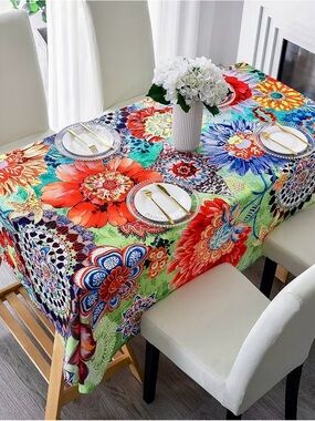 HMS Happy Memories Tablecloth, Hand Drawn Art Washable Water Resist 60"x84". NWT